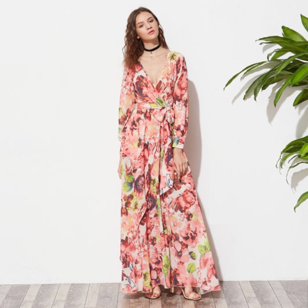 AUTUMN - Multicolor floral deep v-‎ neck elegant maxi vacation dress
